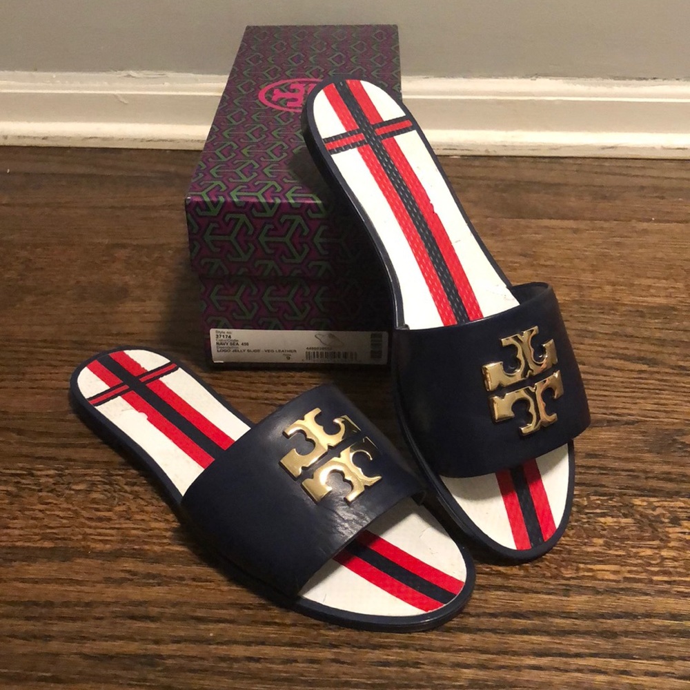 Tory Burch logo leather slides JUST REDUCED!